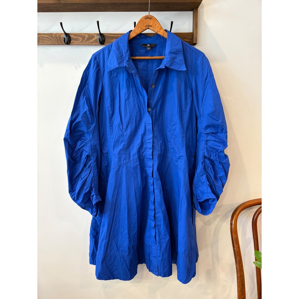 Banana Republic Royal Blue Ruched Sleeve Cotton Fit and Flare Shirt Dress